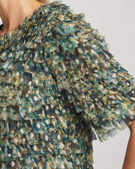 Chico's Foiled Mesh Ruffle Crop Tee DARKEST SPRUCE