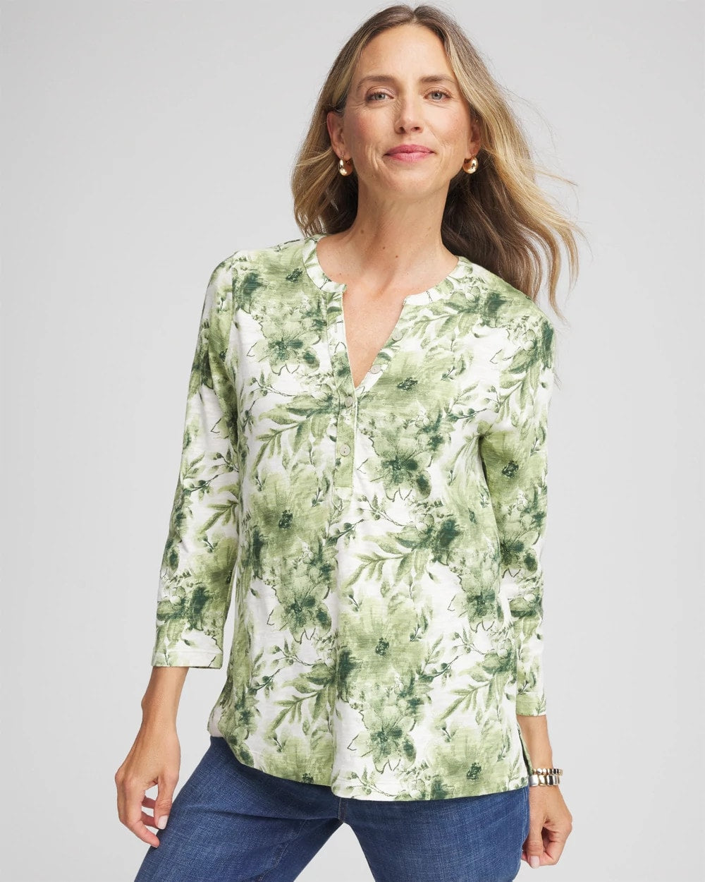 Chico's Printed Slub Splitneck Henley Tee SAGE MEADOW
