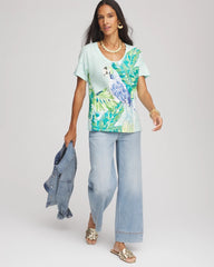 Chico's Linen Embellished Parrot Easy Tee TEAL WATERS