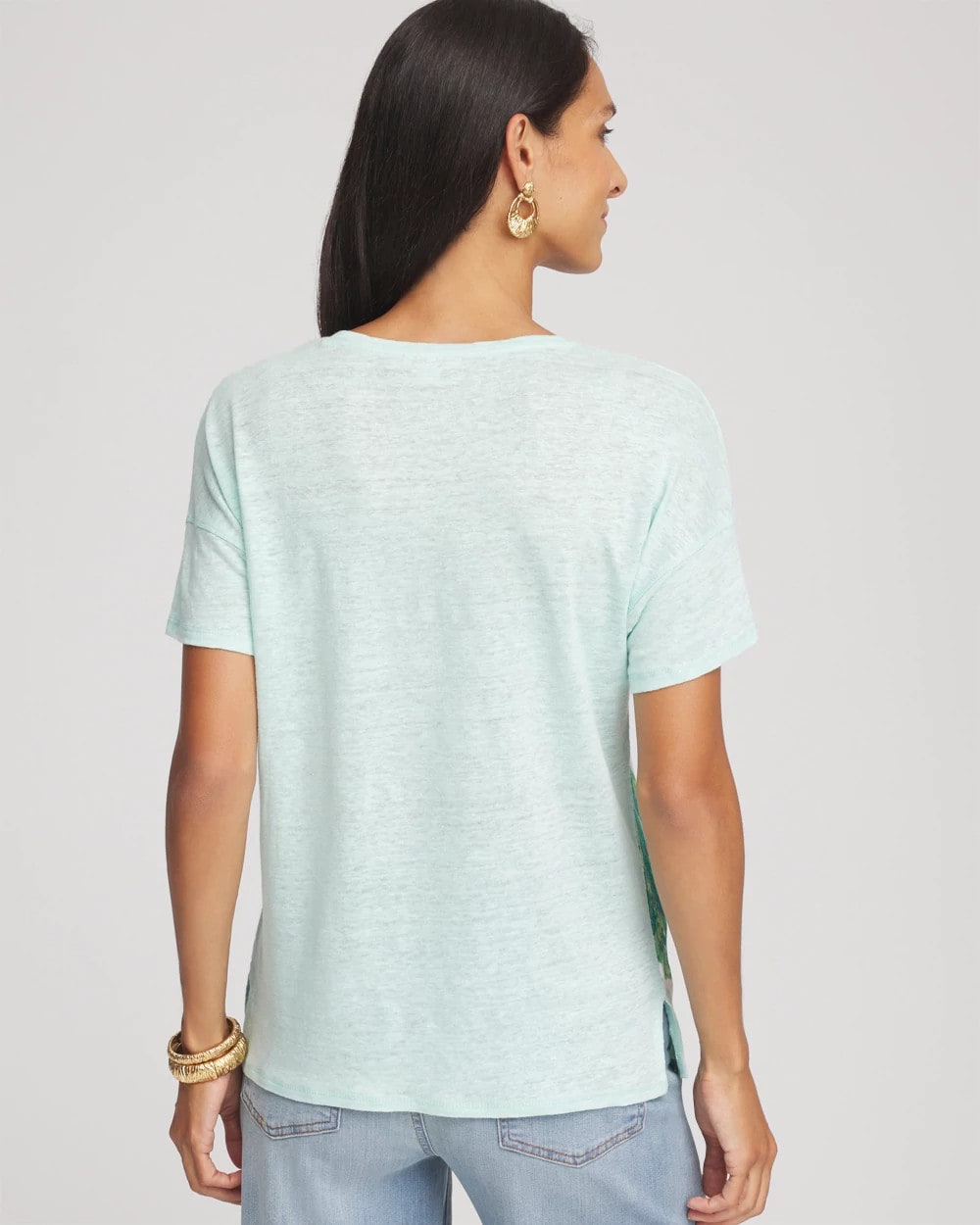 Chico's Linen Embellished Parrot Easy Tee TEAL WATERS
