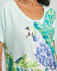 Chico's Linen Embellished Parrot Easy Tee TEAL WATERS