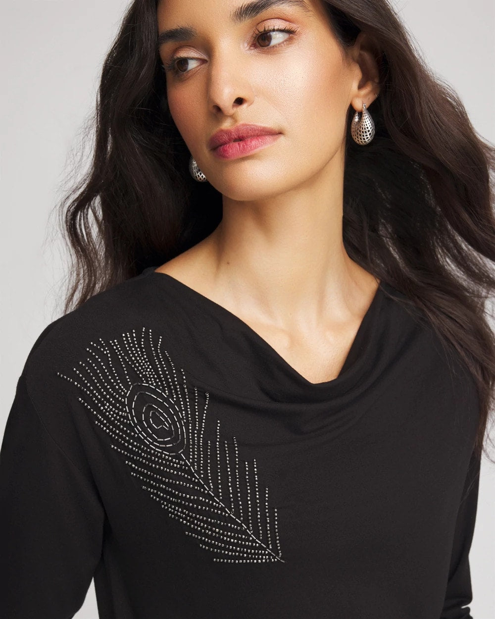 Chico's Embellished Cowlneck Dolman Tee BLACK