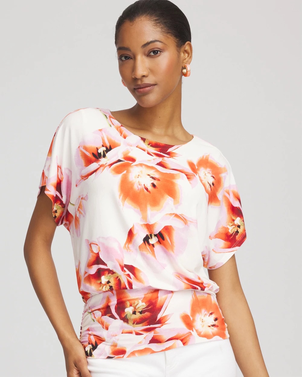 Chico's Touch of Cool™ Tropical Ruched Banded Hem Top ORANGE TANGO