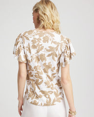 Chico's Linen Leaf Print Flutter Sleeve Tee CAFE AROMA