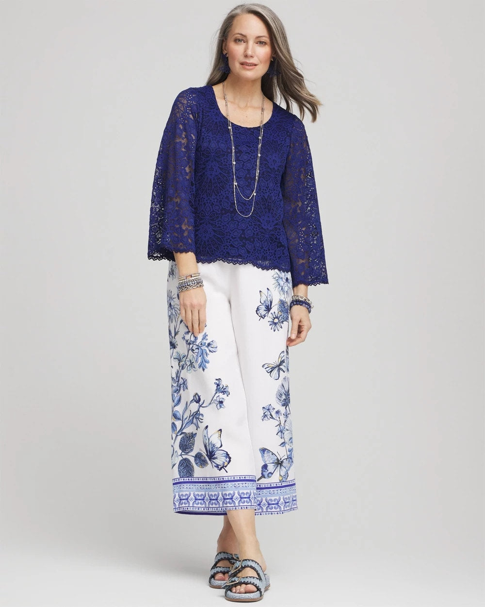 Chico's Scalloped Hem Lace Top BLUE CASA