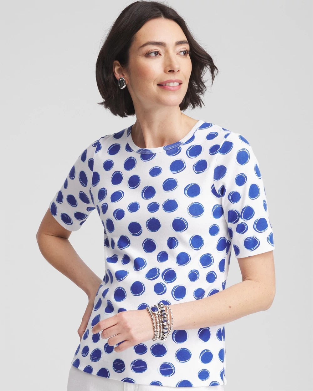Chico's Polka-Dot Pima Cotton Crewneck Tee ALABASTER
