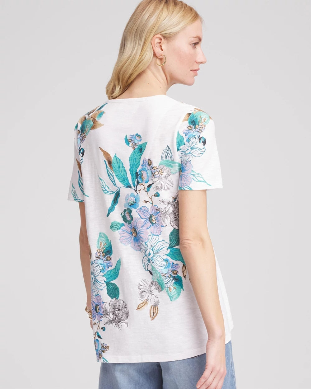 Chico's Floral Short Sleeve Forward-Seam Tee ALABASTER
