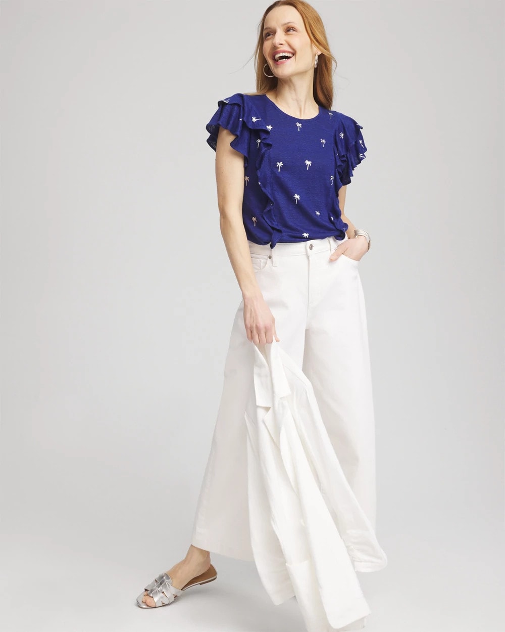 Chico's Foiled Flutter-Sleeve Linen Tee BLUE CASA