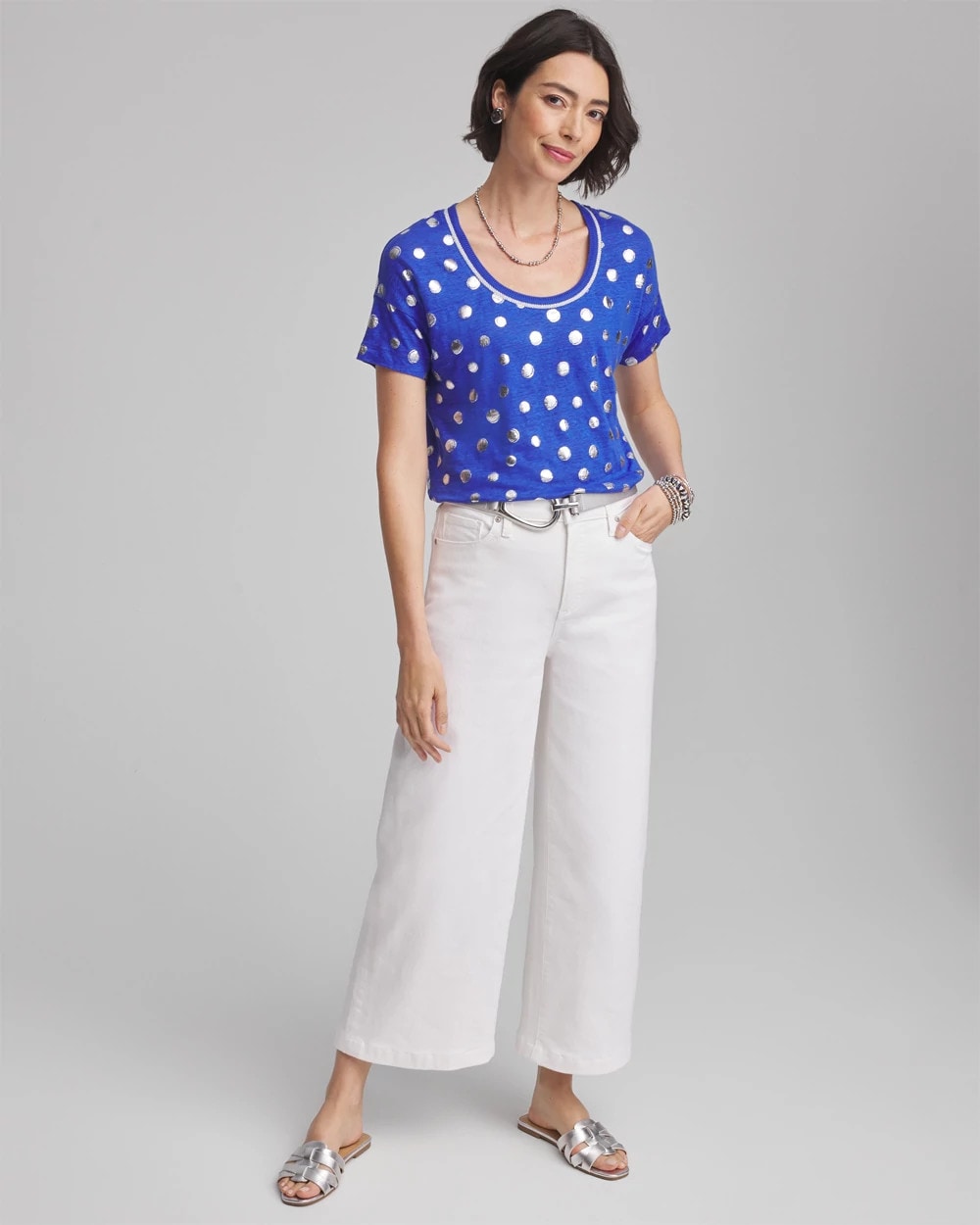 Chico's Foiled Polka-Dot Sweater-Trim Linen Tee BLUE CASA