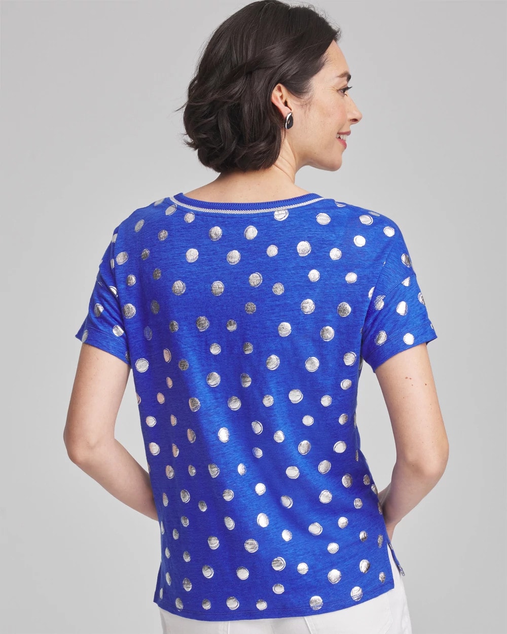 Chico's Foiled Polka-Dot Sweater-Trim Linen Tee BLUE CASA