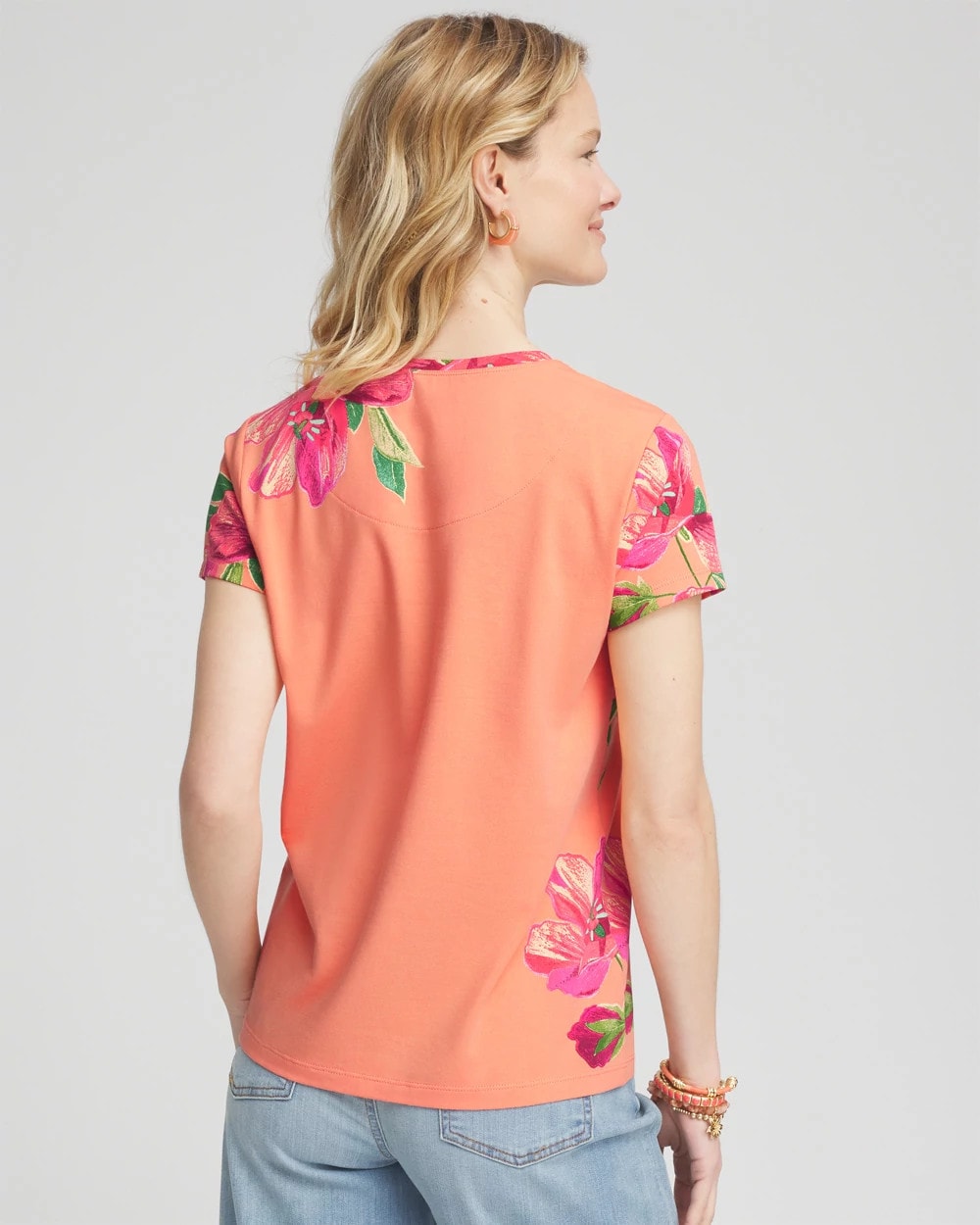 Chico's Floral Cap-Sleeve Tee SUNSET PEACH