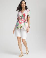 Chico's Floral Short Sleeve Forward-Seam Tee ALABASTER