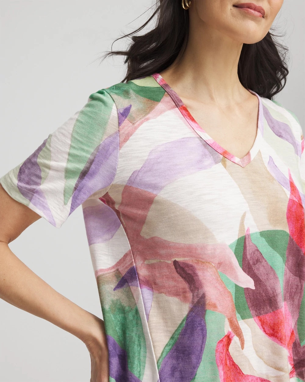 Chico's Floral Short Sleeve Forward-Seam Tee ALABASTER