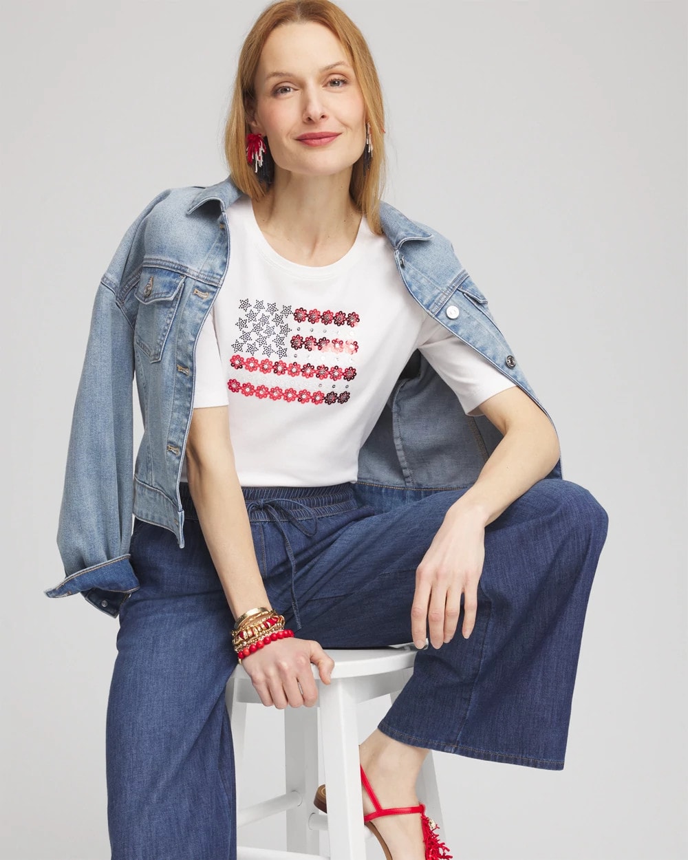 Chico's Flag Embellished Knit Tee ALABASTER