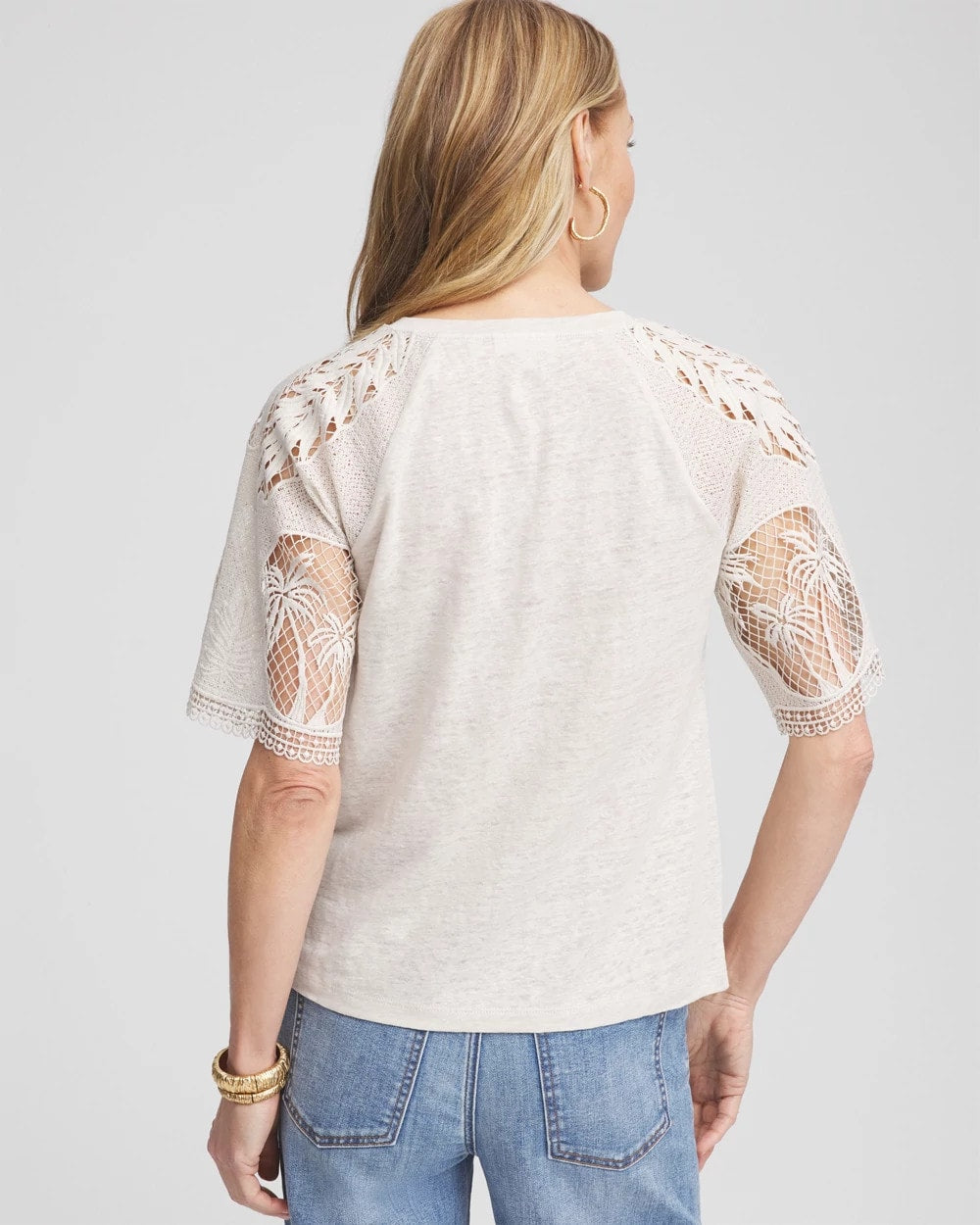 Chico's Linen Crochet Lace Short Sleeve Tee RIVER ROCK