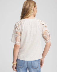 Chico's Linen Crochet Lace Short Sleeve Tee RIVER ROCK