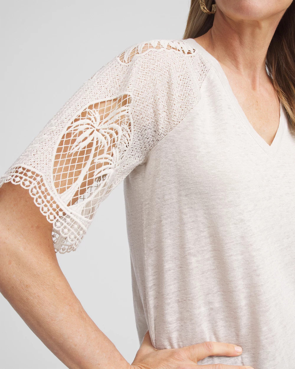 Chico's Linen Crochet Lace Short Sleeve Tee RIVER ROCK