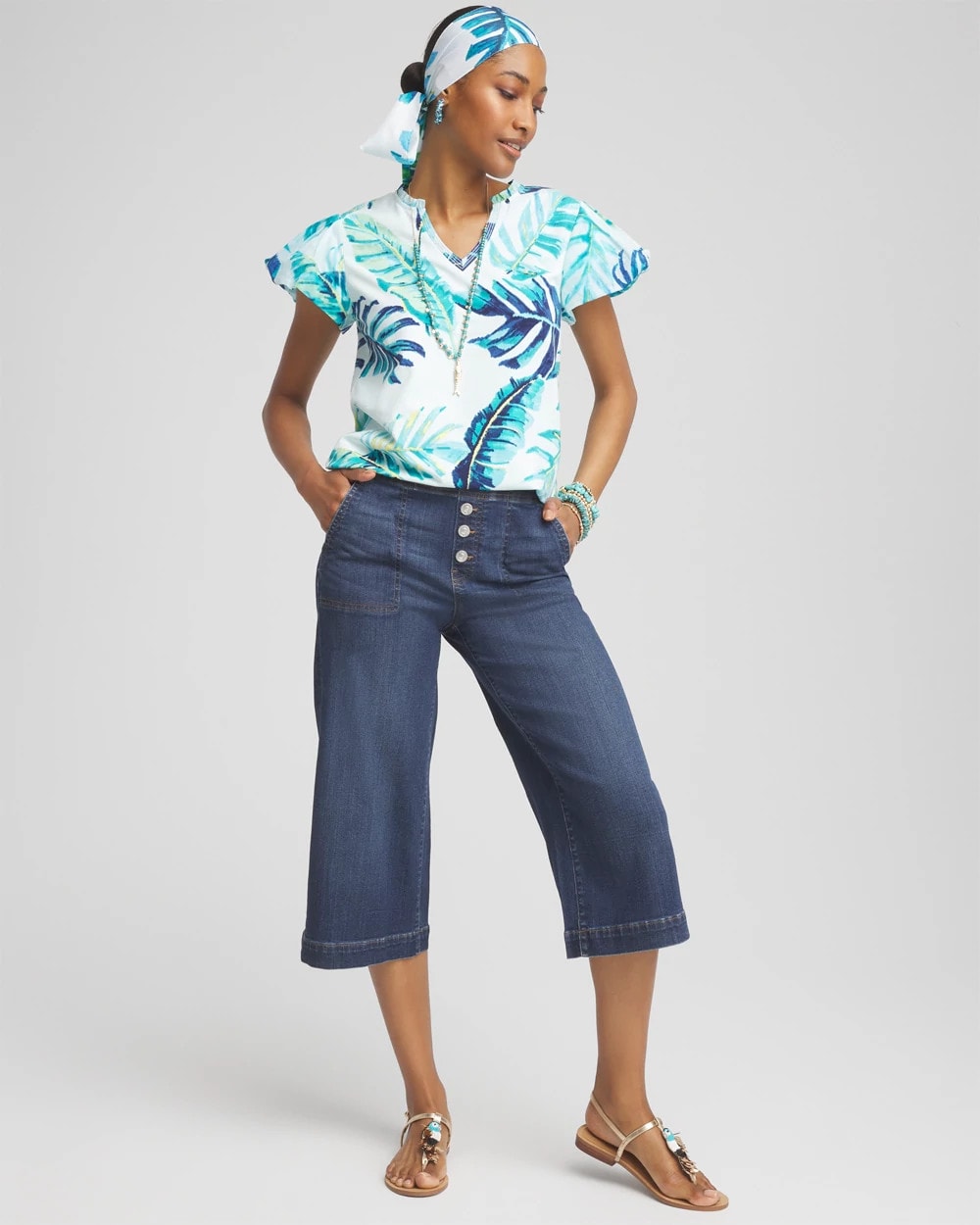 Chico's Notch Neck Cap Sleeve Tee PARADISO BLUE