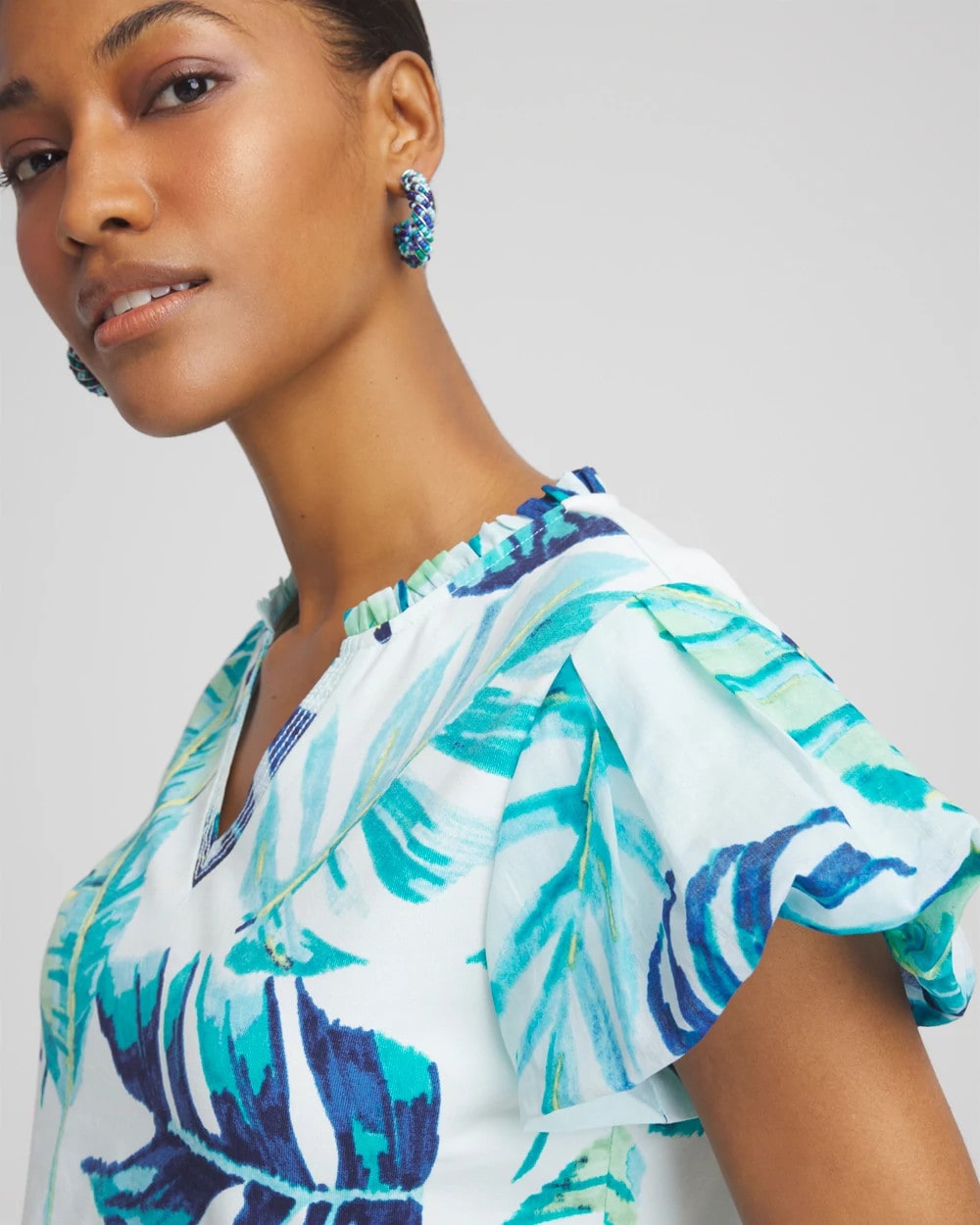 Chico's Notch Neck Cap Sleeve Tee PARADISO BLUE