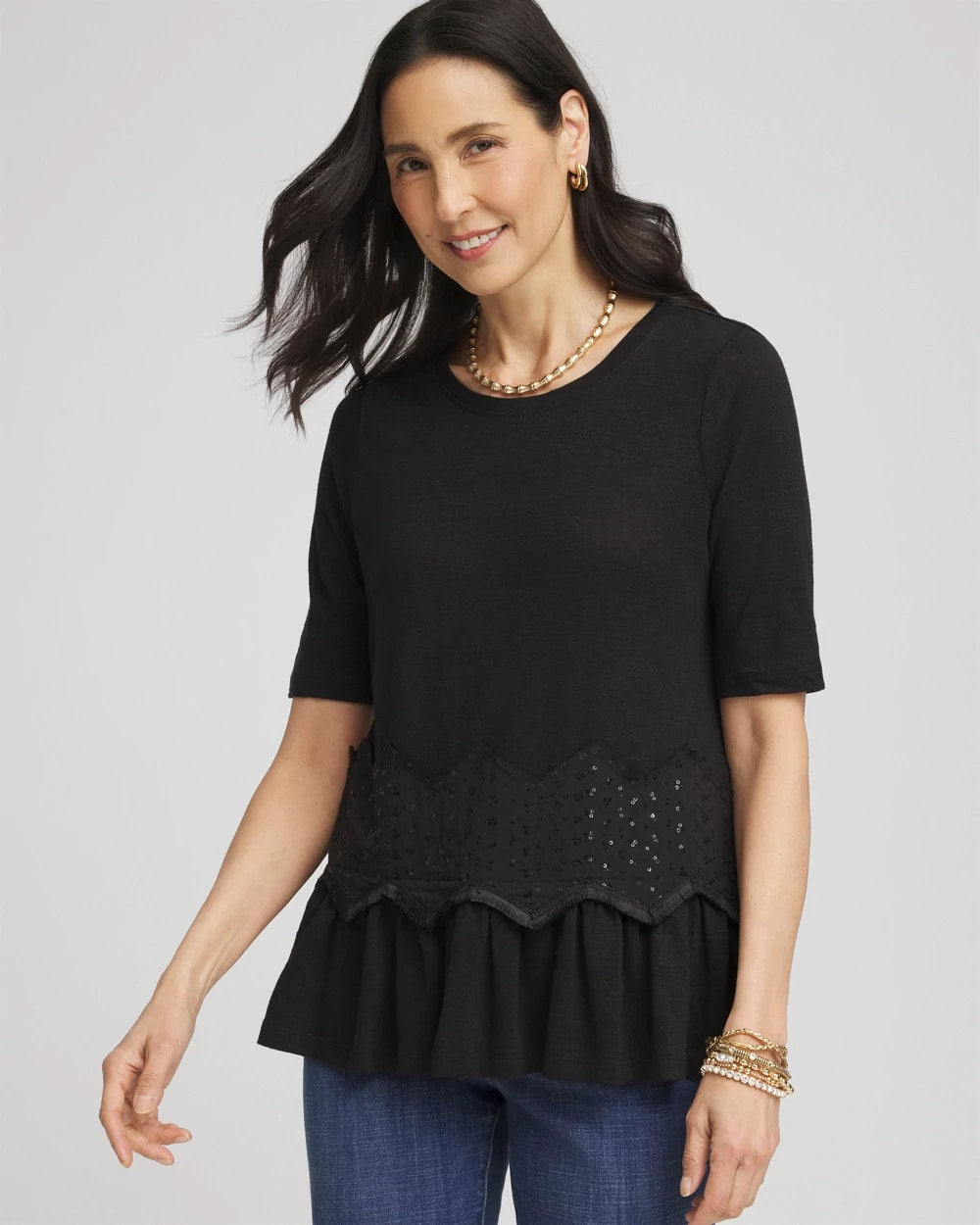 Chico's Chevron Sequin Peplum Linen Tee BLACK