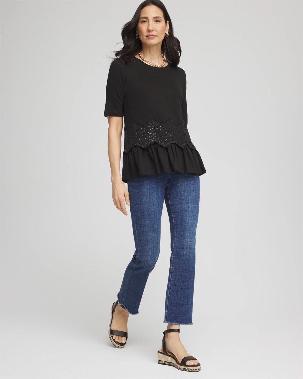 Chico's Chevron Sequin Peplum Linen Tee BLACK