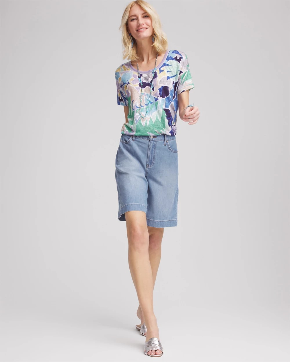 Chico's Tropical Nights Sweater-Trim Linen Tee BLUE CASA
