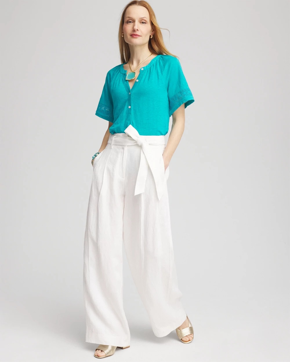 Chico's Linen Lace-Cutwork Sleeve Henley Tee SEASPRAY