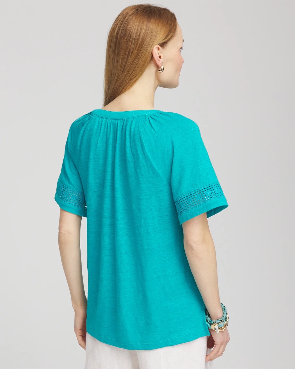 Chico's Linen Lace-Cutwork Sleeve Henley Tee SEASPRAY