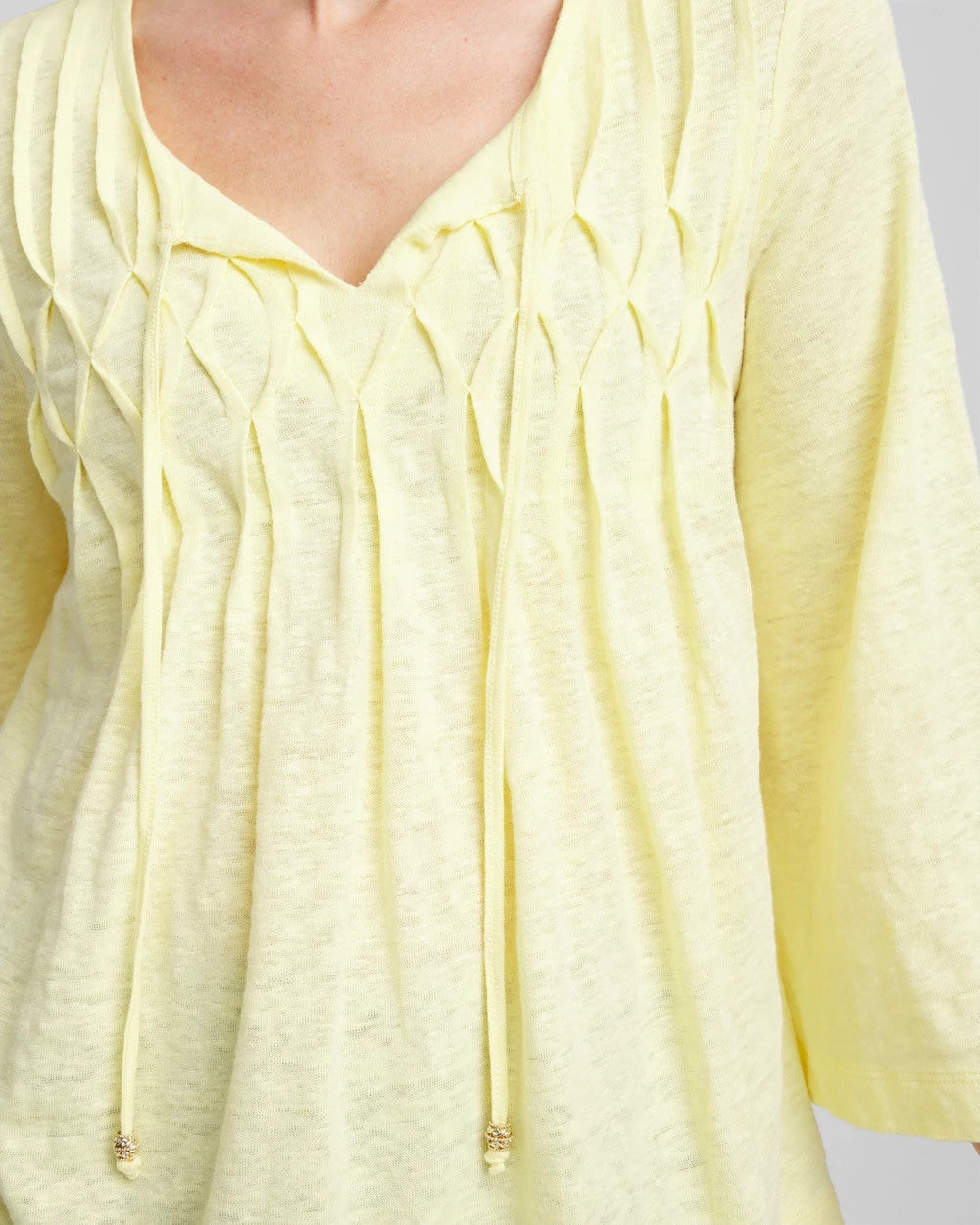 Chico's Pintuck Linen Notched-Neck Tee BRIGHT YELLOW