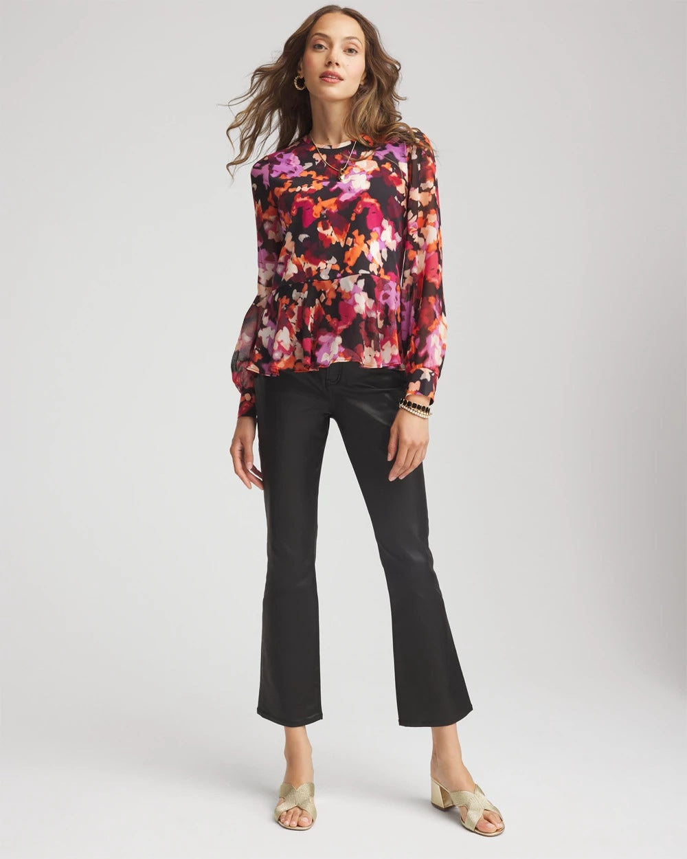 Chico's Printed Chiffon Peplum Top BLACK