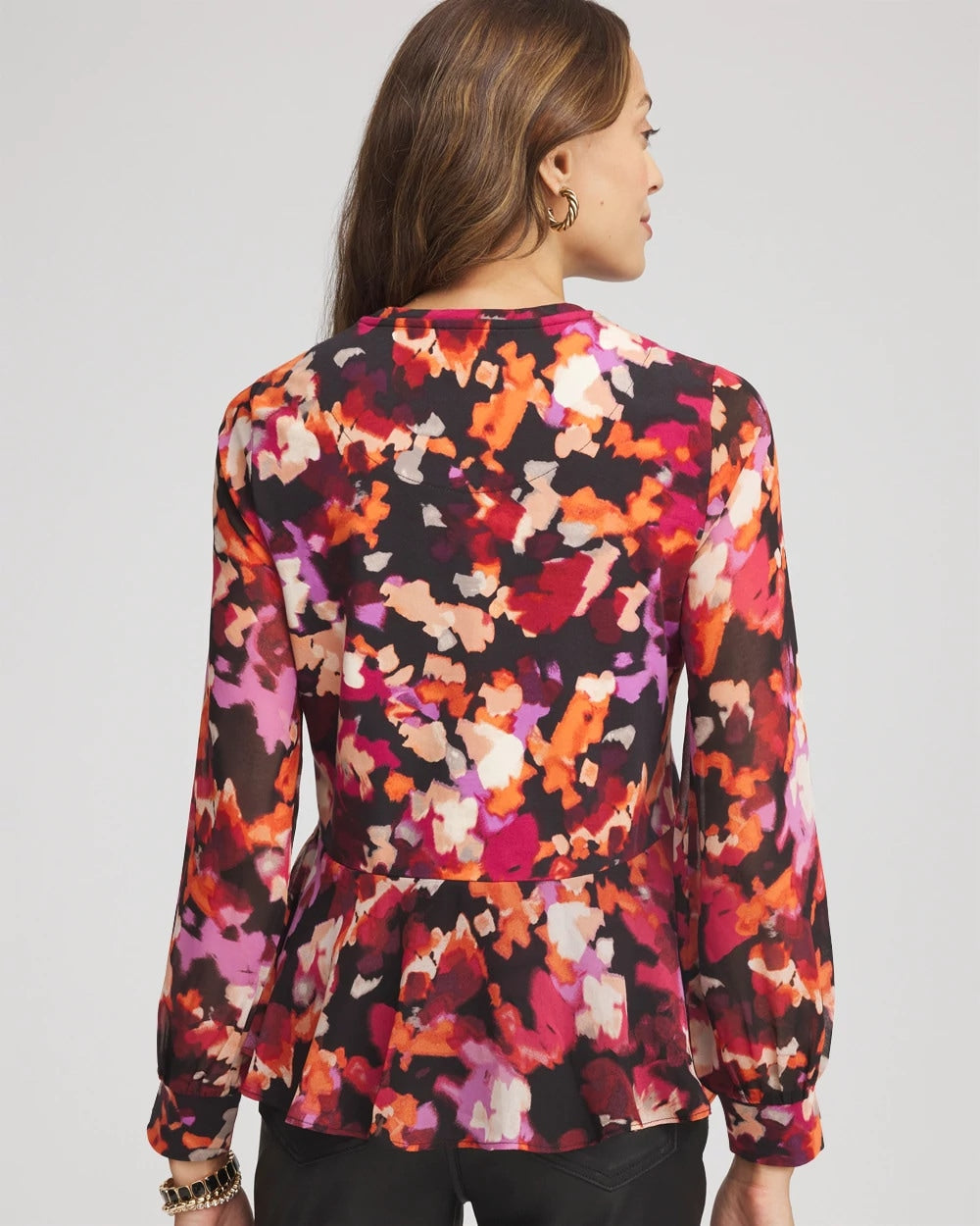 Chico's Printed Chiffon Peplum Top BLACK