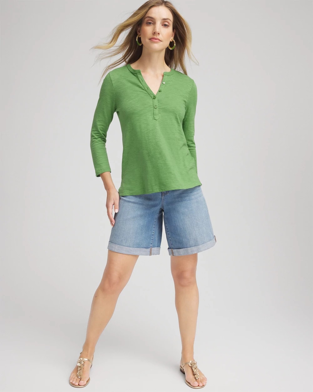 Chico's Cotton Slub Henley Shirt SALTED LIME