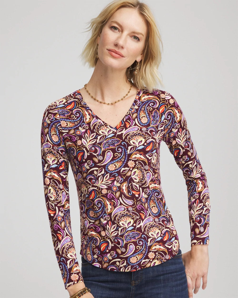 Chico's Paisley Touch of Cool™ V-Neck Layering Tee DEEP CHIANTI