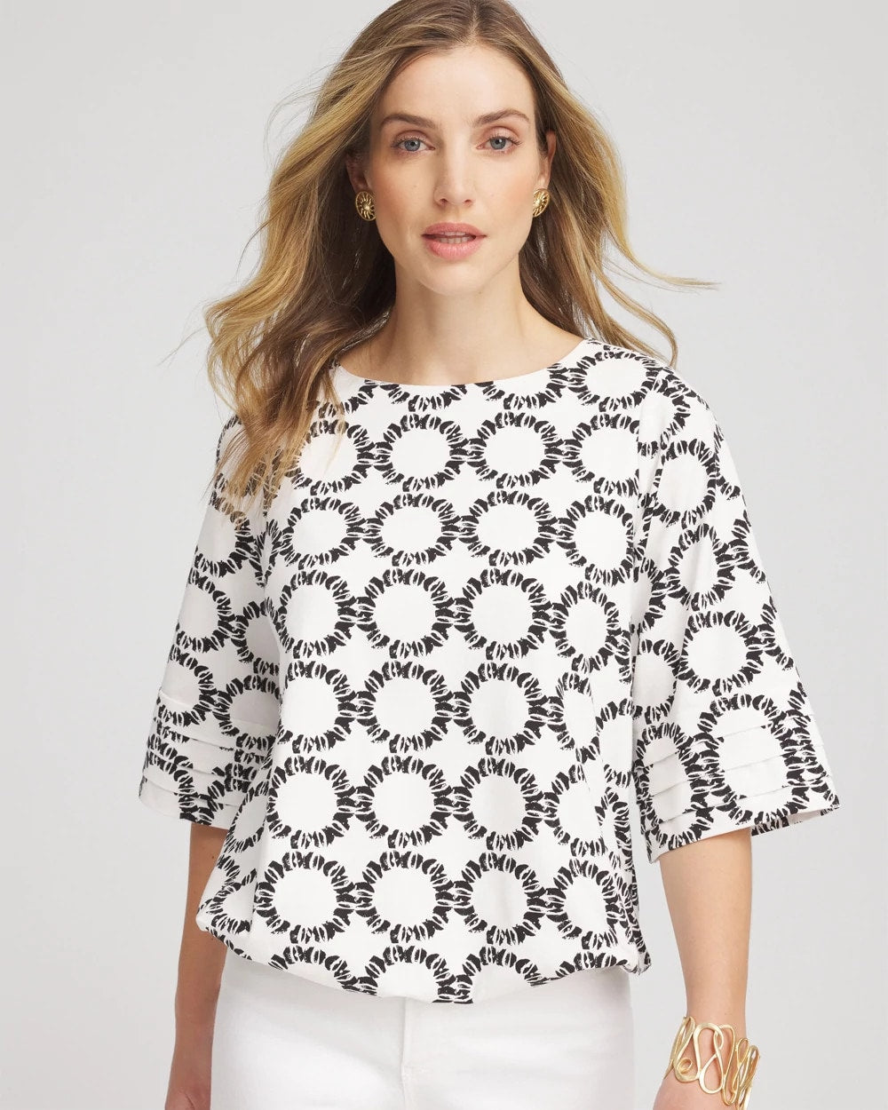Chico's Geo Print Boatneck Bubble-Hem Top ECRU