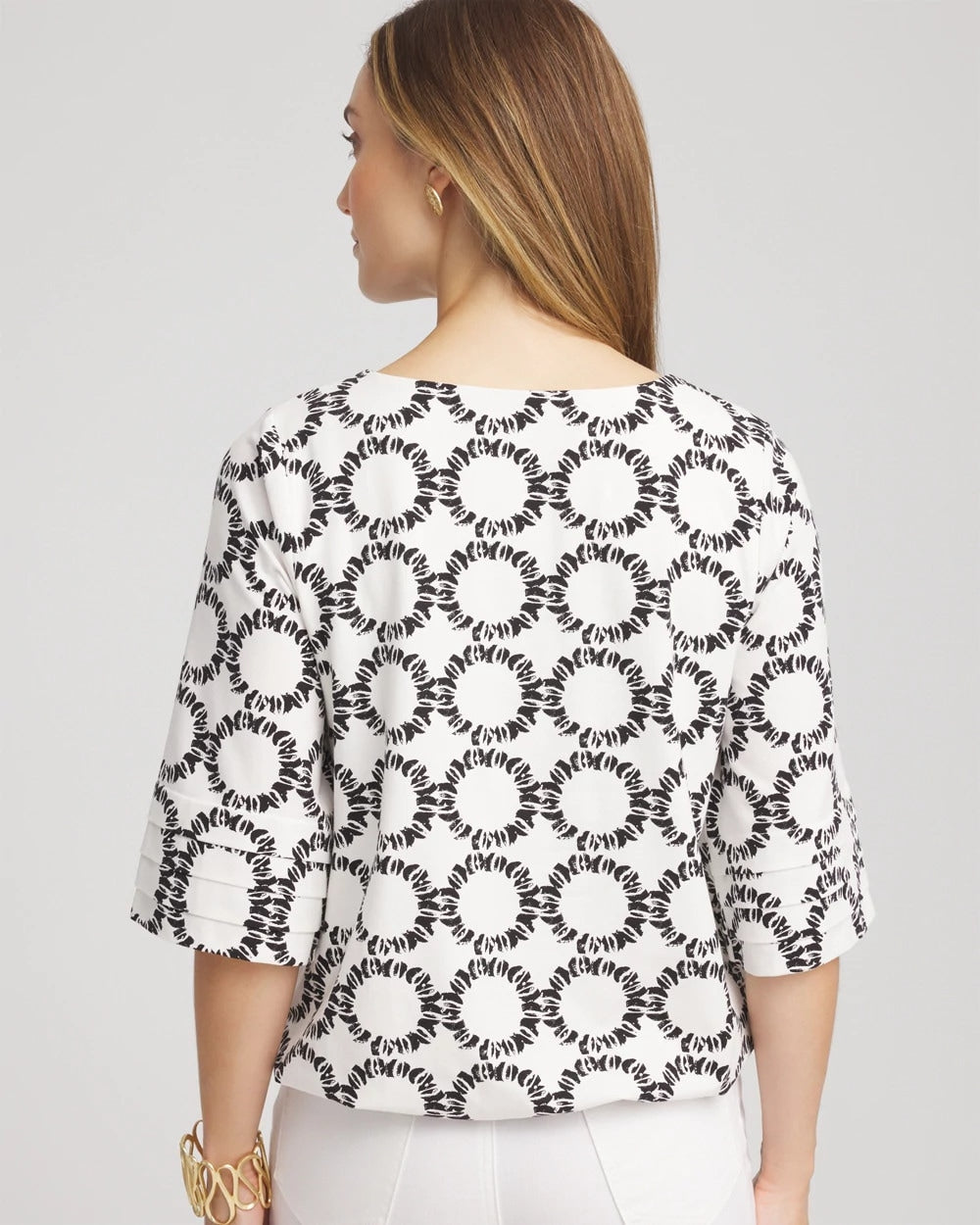 Chico's Geo Print Boatneck Bubble-Hem Top ECRU