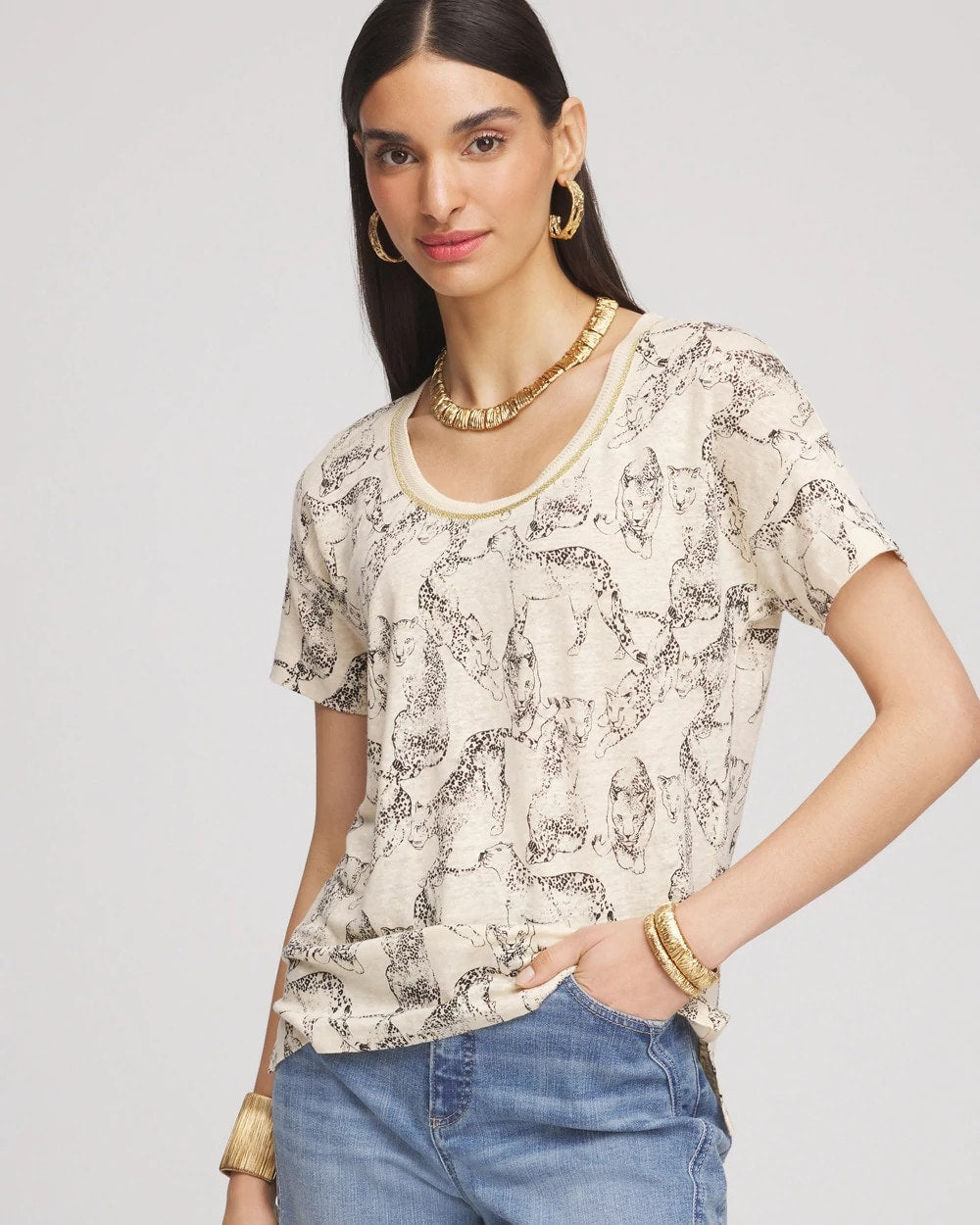 Chico's Panther Sweater-Trim Linen Tee GLISTENING SAND