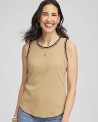 Chico's Contrast-Trim Ribbed Cotton Tank Top CAFE AROMA