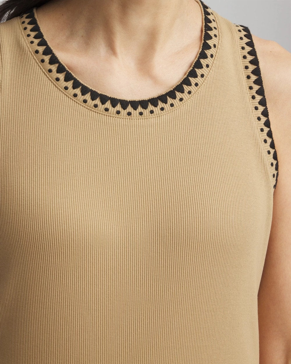 Chico's Contrast-Trim Ribbed Cotton Tank Top CAFE AROMA