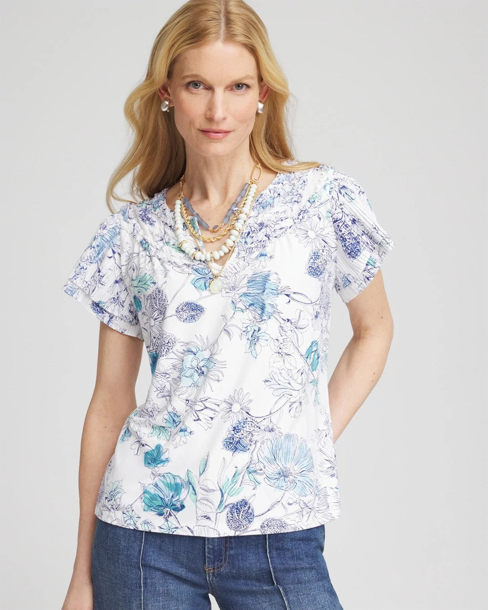 Chico's Touch of Cool™ Floral Flutter Sleeve Tee ALABASTER