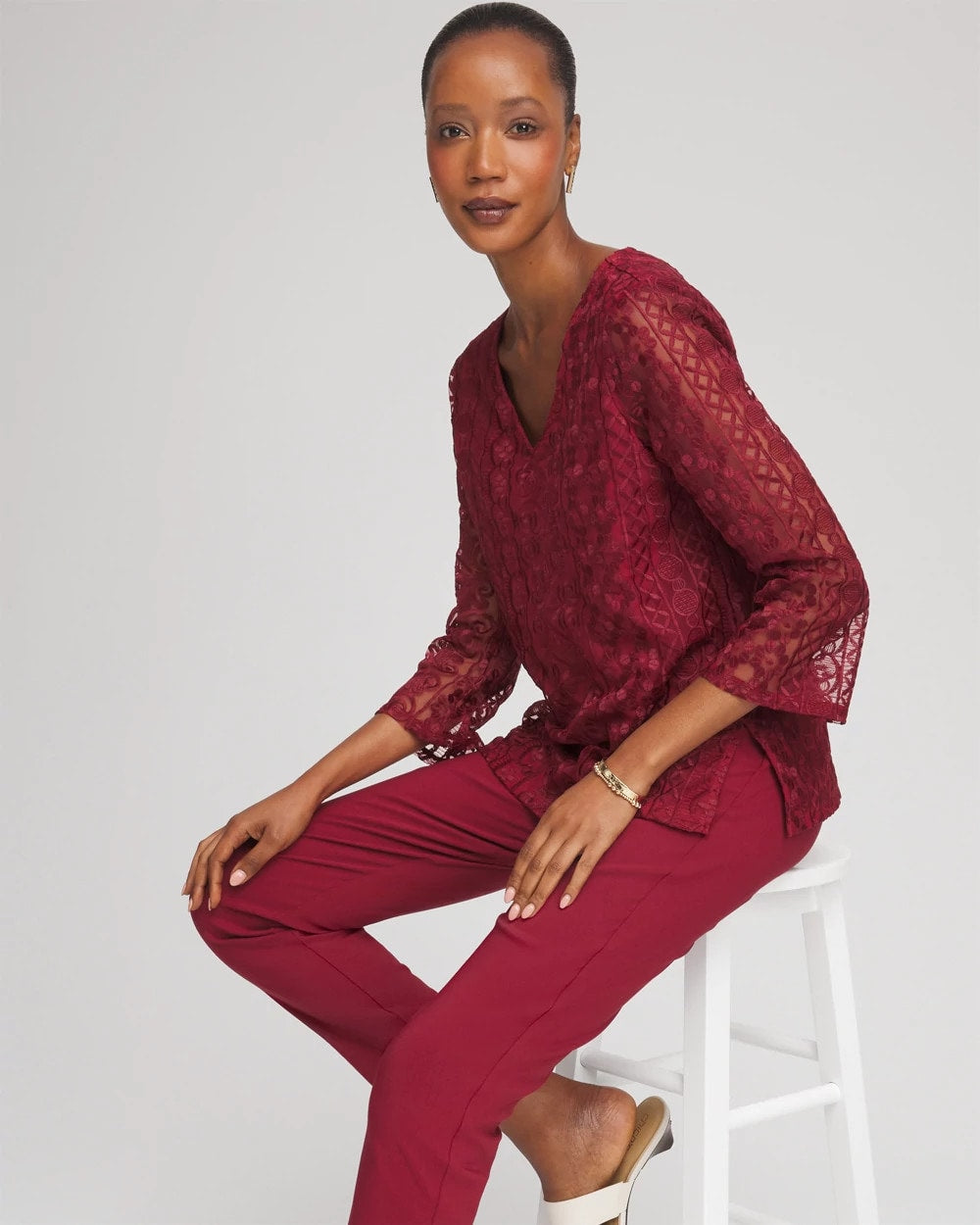 Chico's Embroidered Mesh Tunic Top RUSSET RED