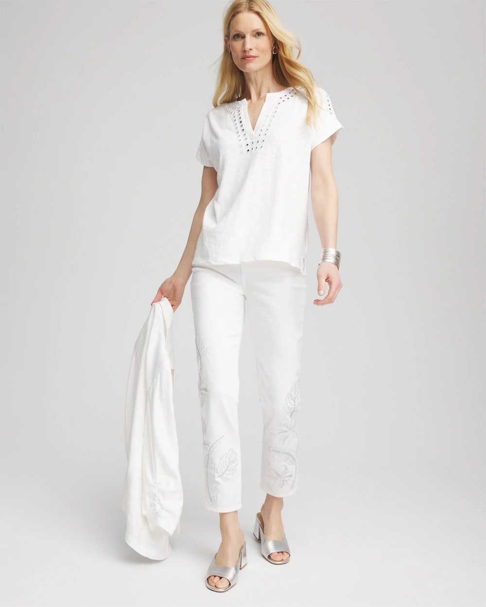 Chico's Paillette Trim Cotton Slub Tee ALABASTER