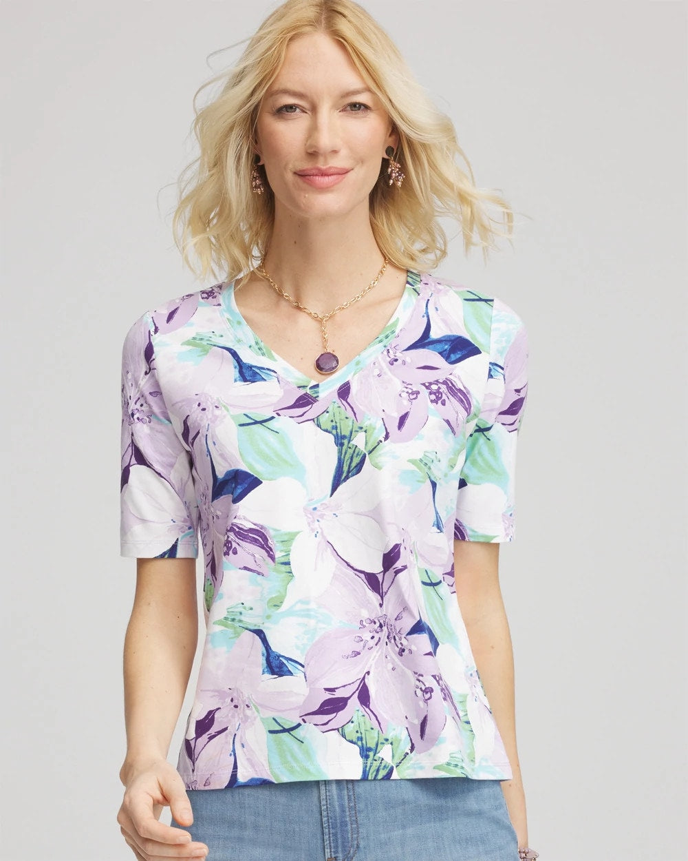 Chico's Lily Print V-Neck Perfect Tee ALABASTER