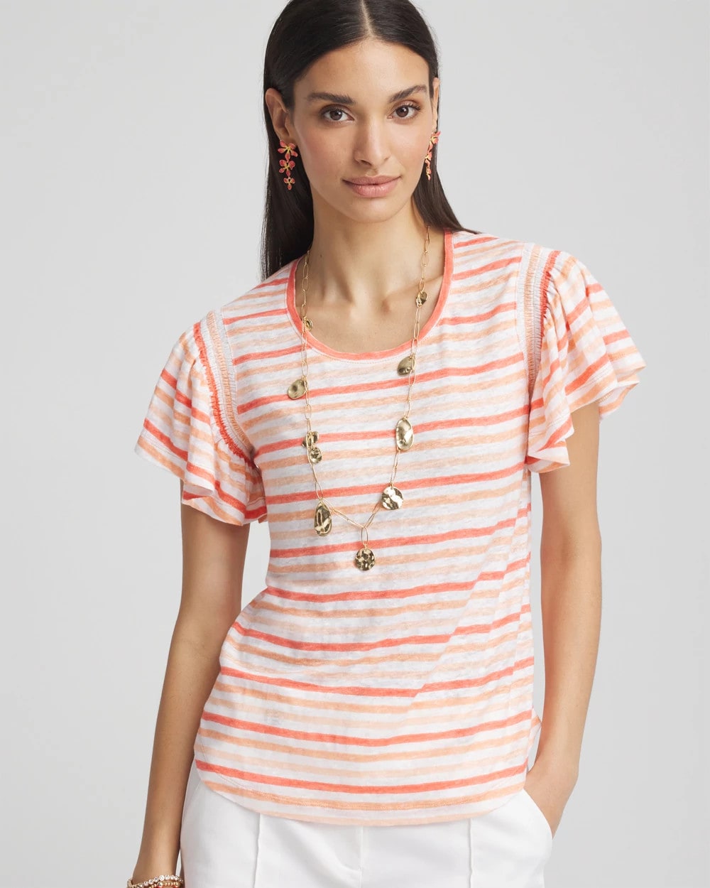 Chico's Striped Linen Smocked Flutter-Sleeved Tee MELON MAMBO