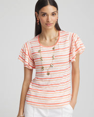 Chico's Striped Linen Smocked Flutter-Sleeved Tee MELON MAMBO