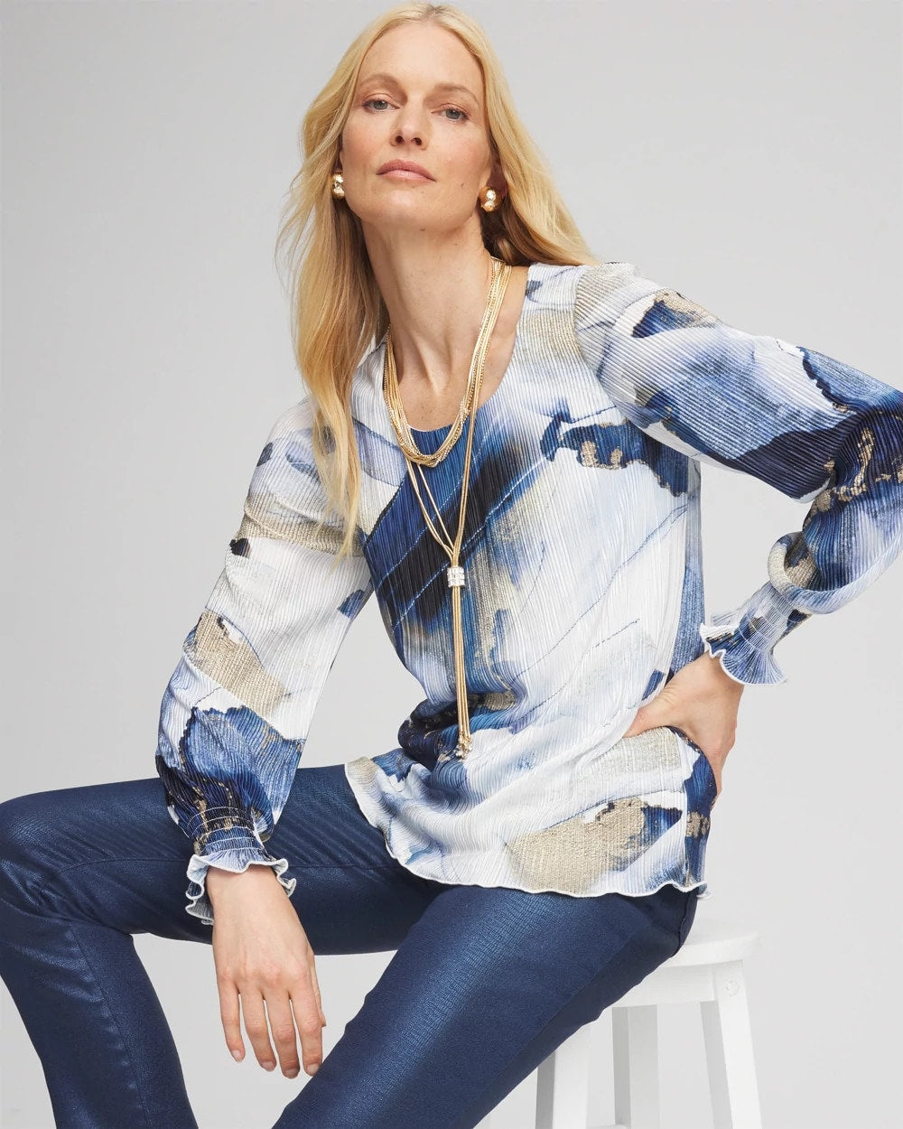 Chico's Foil Ocean Print Crinkle Top ENGLISH CREAM