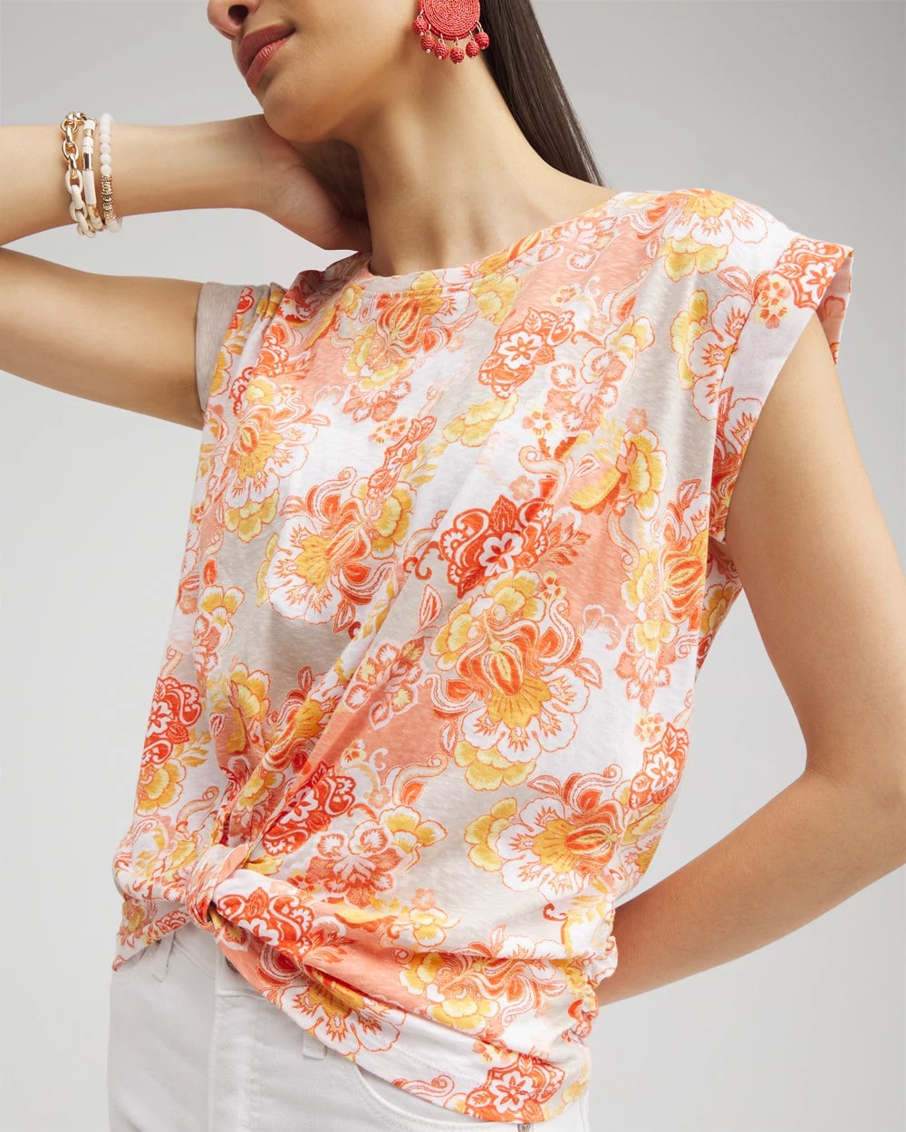 Chico's Floral Knot Front Tee SMOKEY TAUPE
