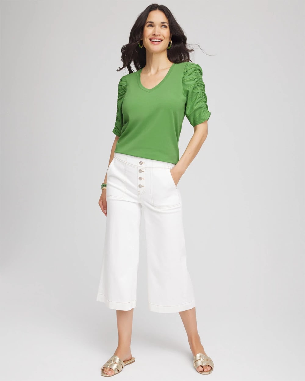 Chico's Ruched Sleeve V-Neck Tee SALTED LIME