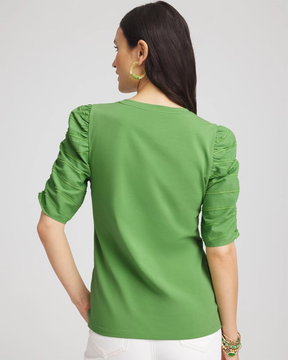 Chico's Ruched Sleeve V-Neck Tee SALTED LIME