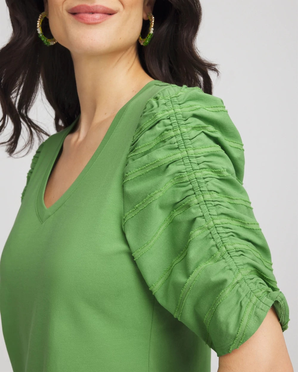 Chico's Ruched Sleeve V-Neck Tee SALTED LIME