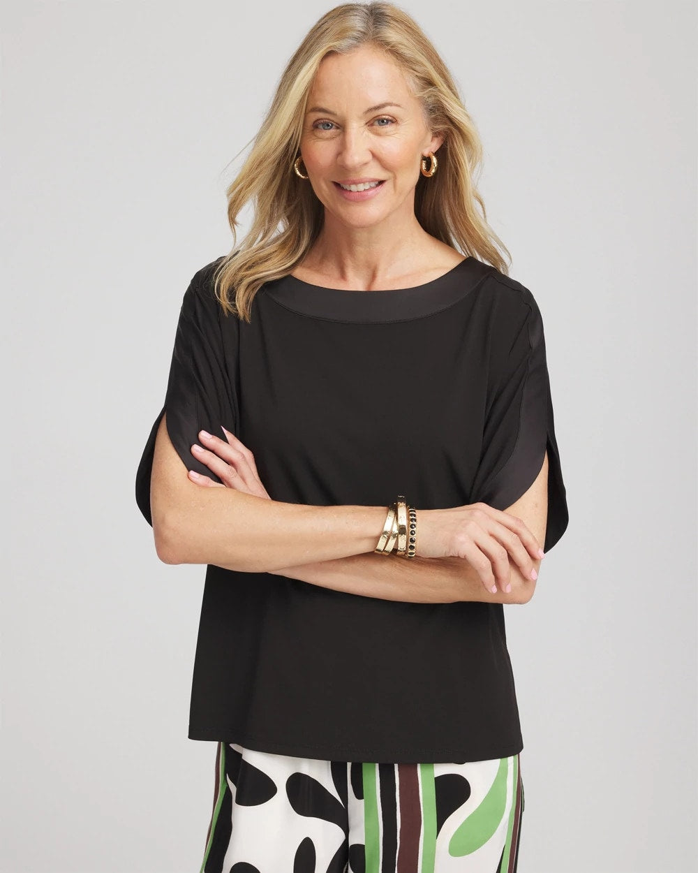 Chico's Jersey & Satin Dolman Tee BLACK